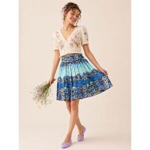 Anthropologie Conversations Venice Print Skirt 6 Linen Blend A Line Whimsical
